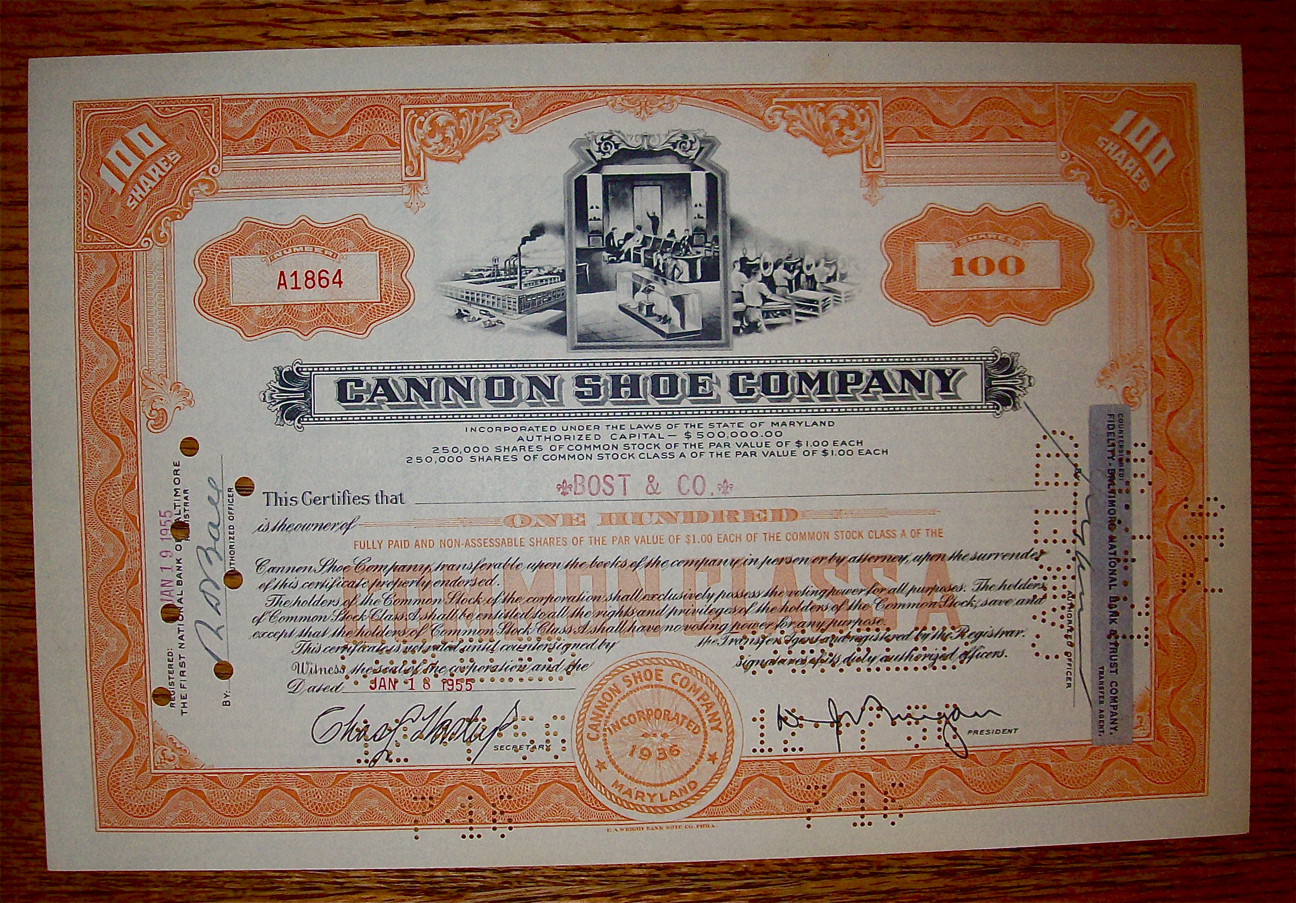 1955 Cannon Shoe Company 100 Shares Stock
