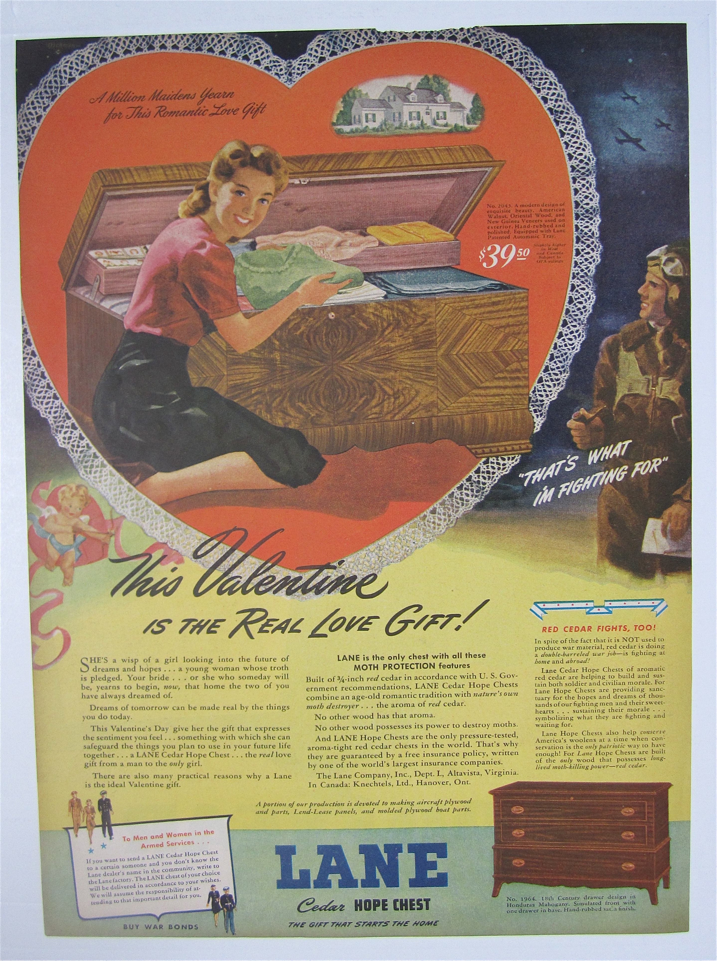1944 Lane Cedar Hope Chest with Woman Sitting By Chest