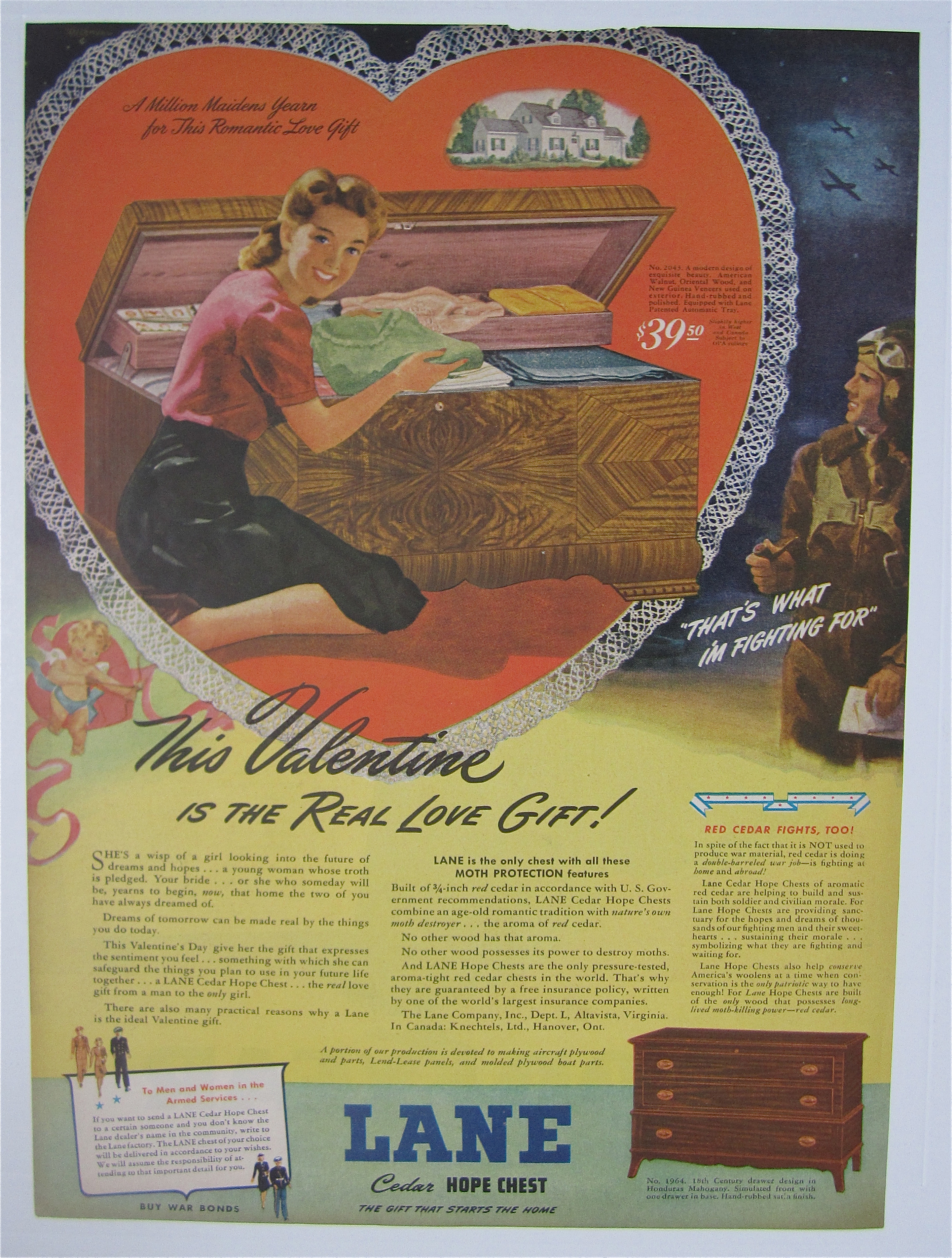 1944 Lane Cedar Hope Chest with Woman Sitting By Chest