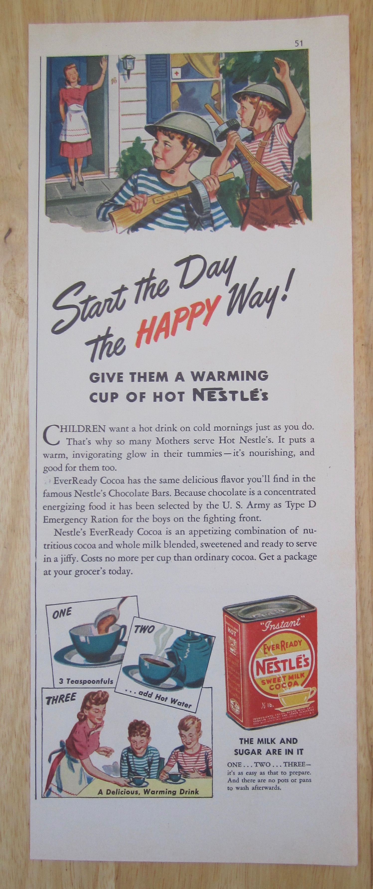 1942 Nestle's Sweet Milk Cocoa with Mom Waving to Boys