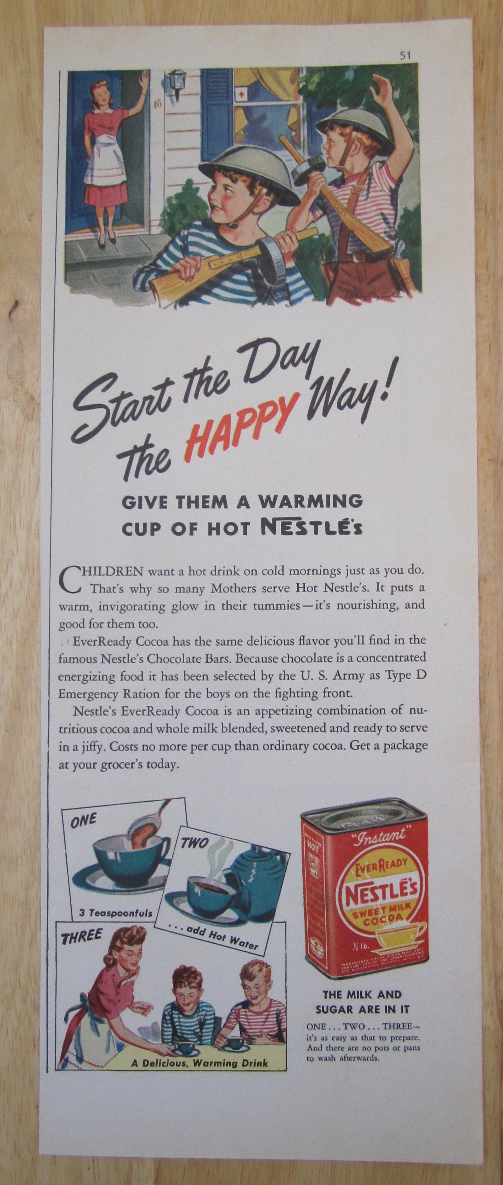 1942 Nestle's Sweet Milk Cocoa with Mom Waving to Boys