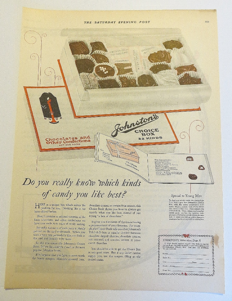 1923 Johnston's Chocolates With Box Of Candy