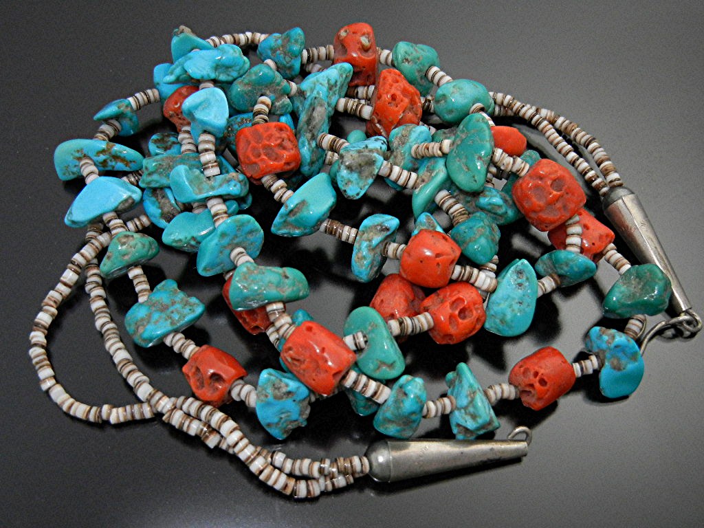 Necklace Turquoise Heishi Coral 2 Strands Santo Domingo
