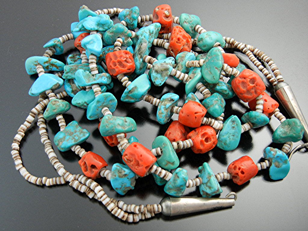 Necklace Turquoise Heishi Coral 2 Strands Santo Domingo