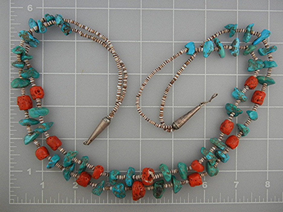 Necklace Turquoise Heishi Coral 2 Strands Santo Domingo