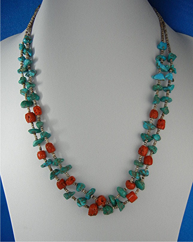 Necklace Turquoise Heishi Coral 2 Strands Santo Domingo