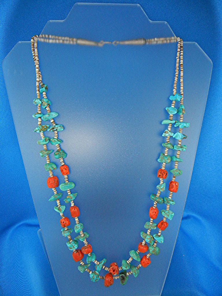 Necklace Turquoise Heishi Coral 2 Strands Santo Domingo