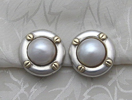 18K Gold Sterling Silver Mabe Pearl Clip Earrings