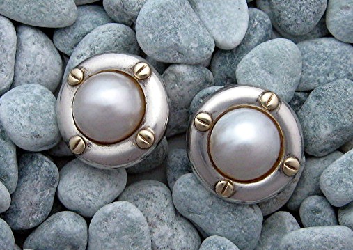 18K Gold Sterling Silver Mabe Pearl Clip Earrings