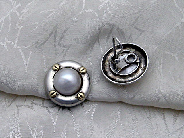 18K Gold Sterling Silver Mabe Pearl Clip Earrings