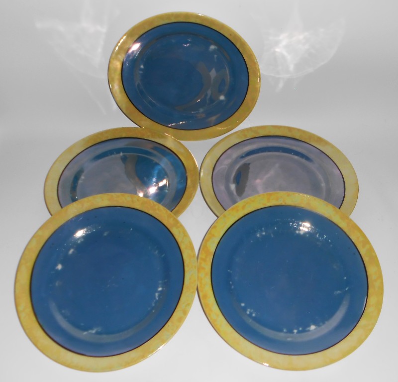 Japan Porcelain Blue Yellow Lustre Wear Set/5 Salad Plates