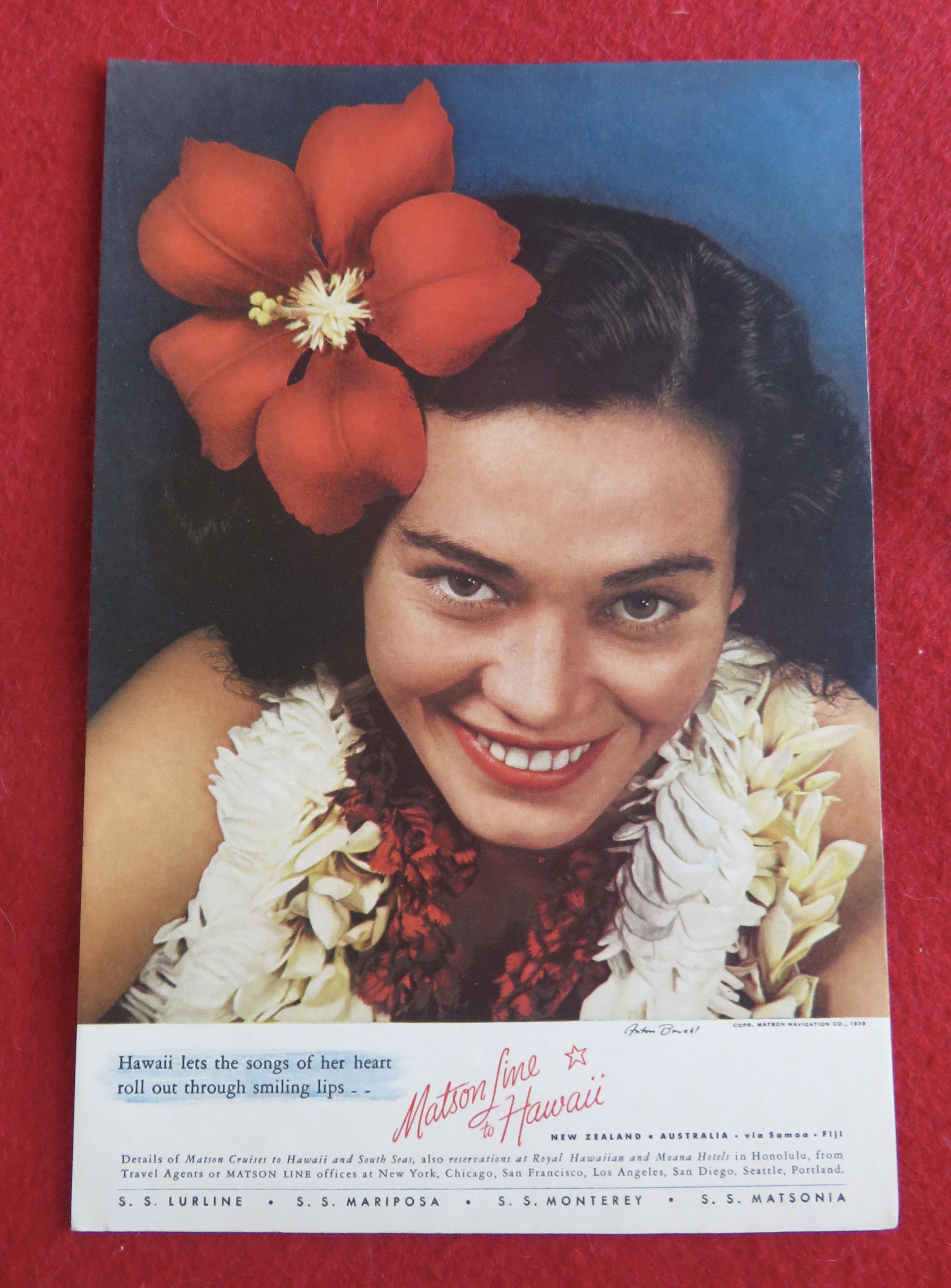 1938 Matson Line To Hawaii with Hawaiian Woman