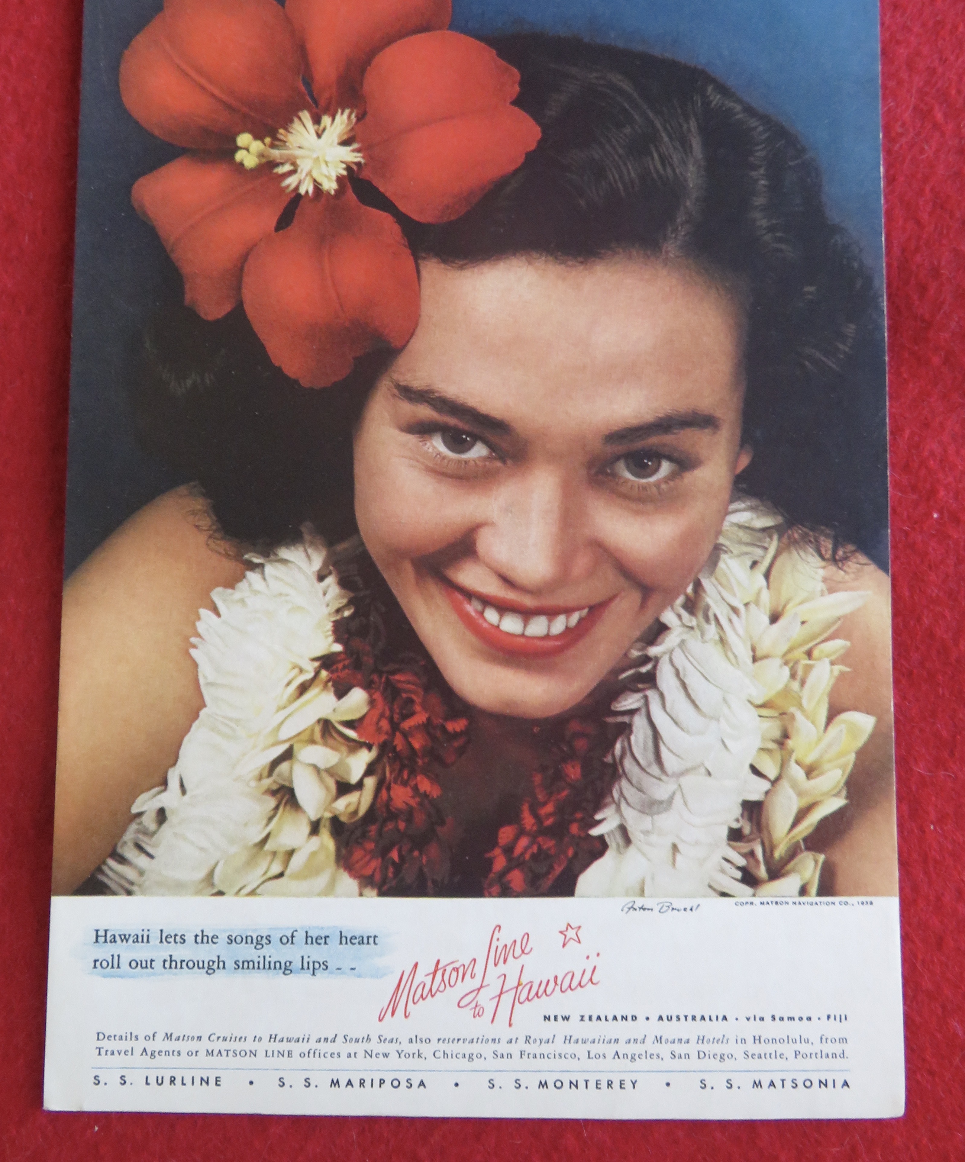 1938 Matson Line To Hawaii with Hawaiian Woman