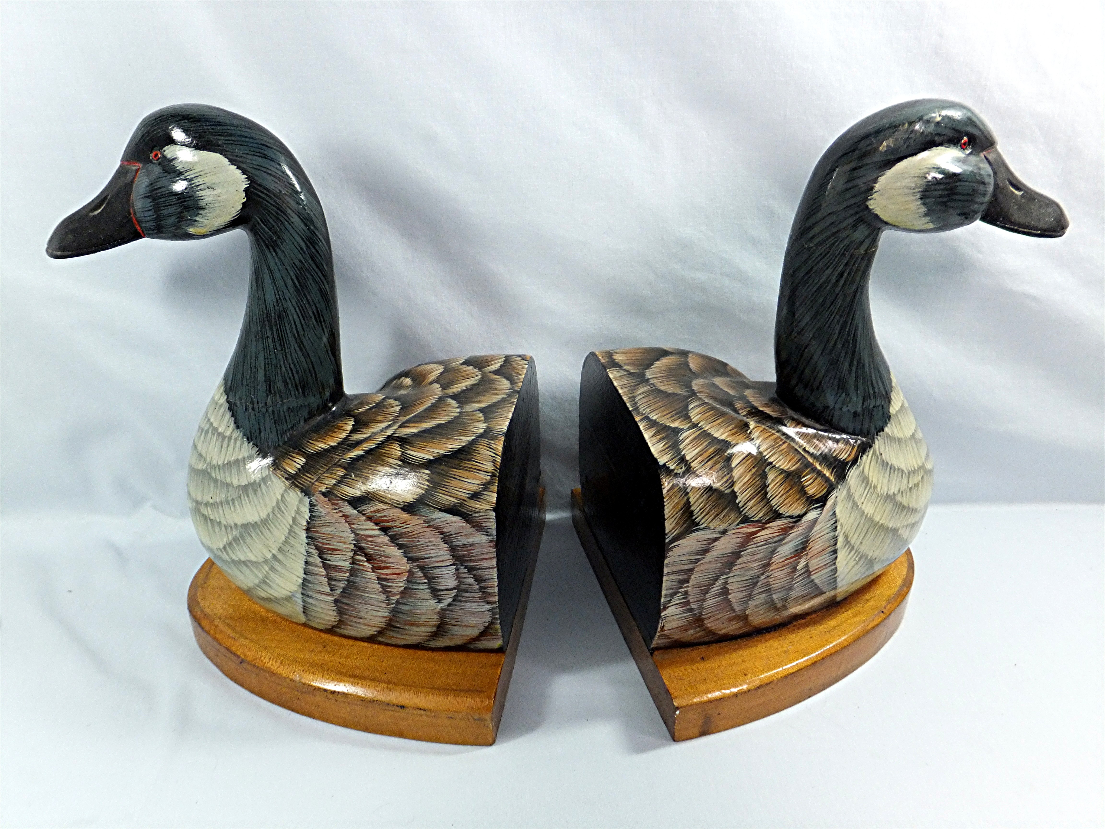 Wood  Hand Painted Goose Book Ends From the 80s