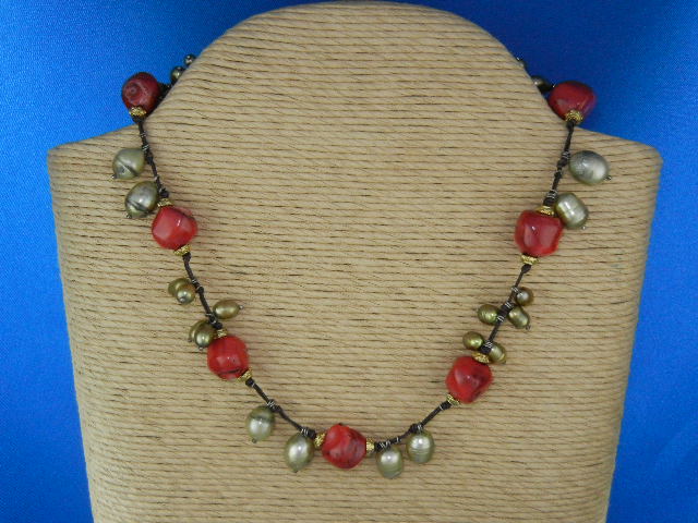 Coral Green Freshwater Pearls Necklace Lobster Clasp