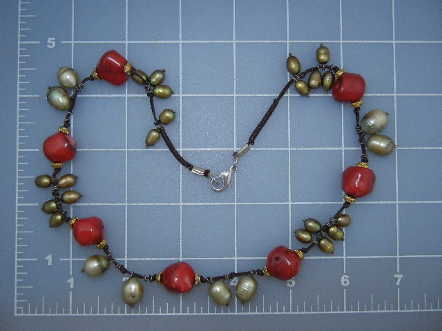 Coral Green Freshwater Pearls Necklace Lobster Clasp