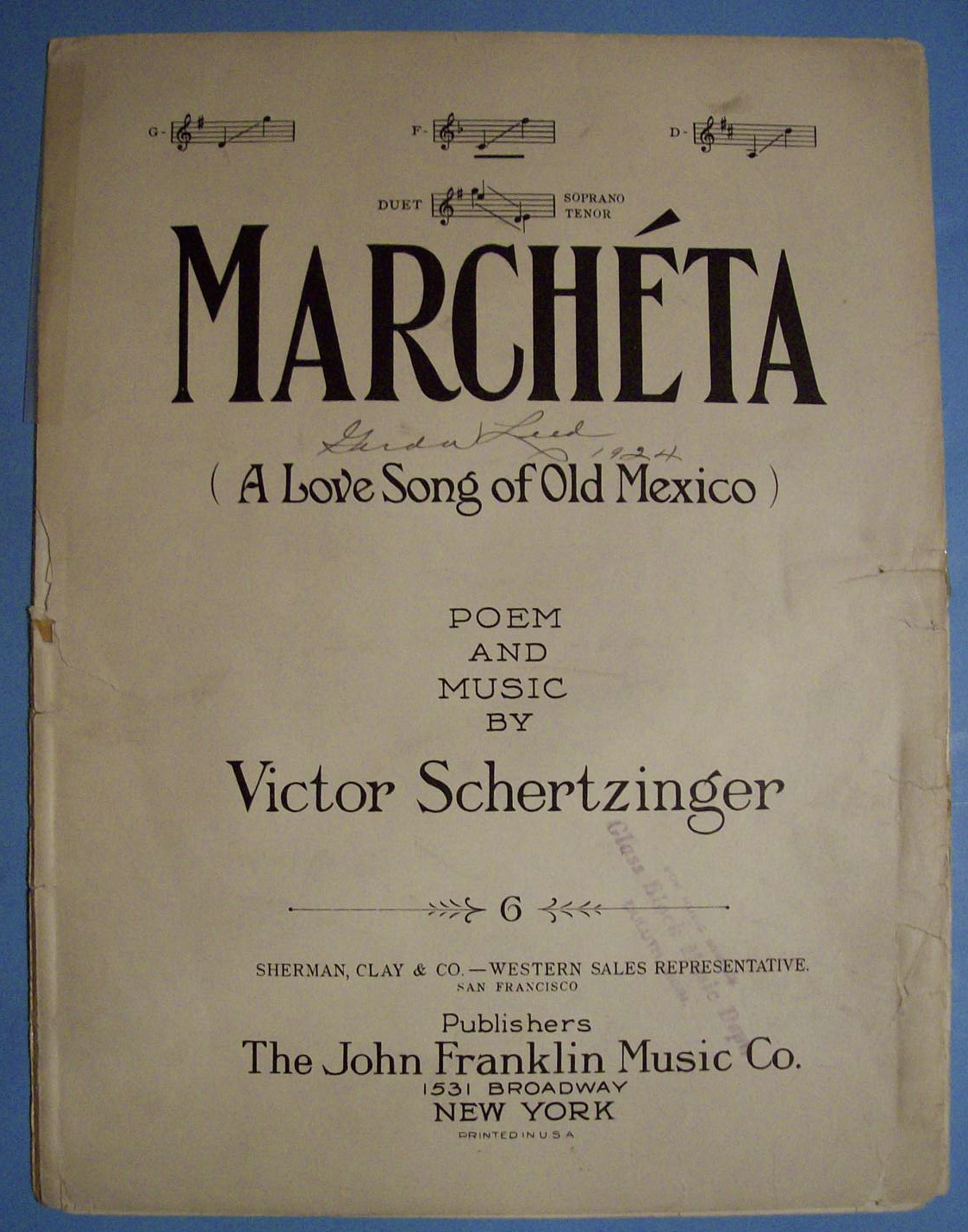 Sheet Music For 1923 Marcheta