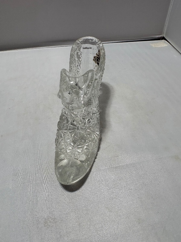 Fenton Art Glass Slipper Shoe Figurine Cat Head Daisy Button with original Label