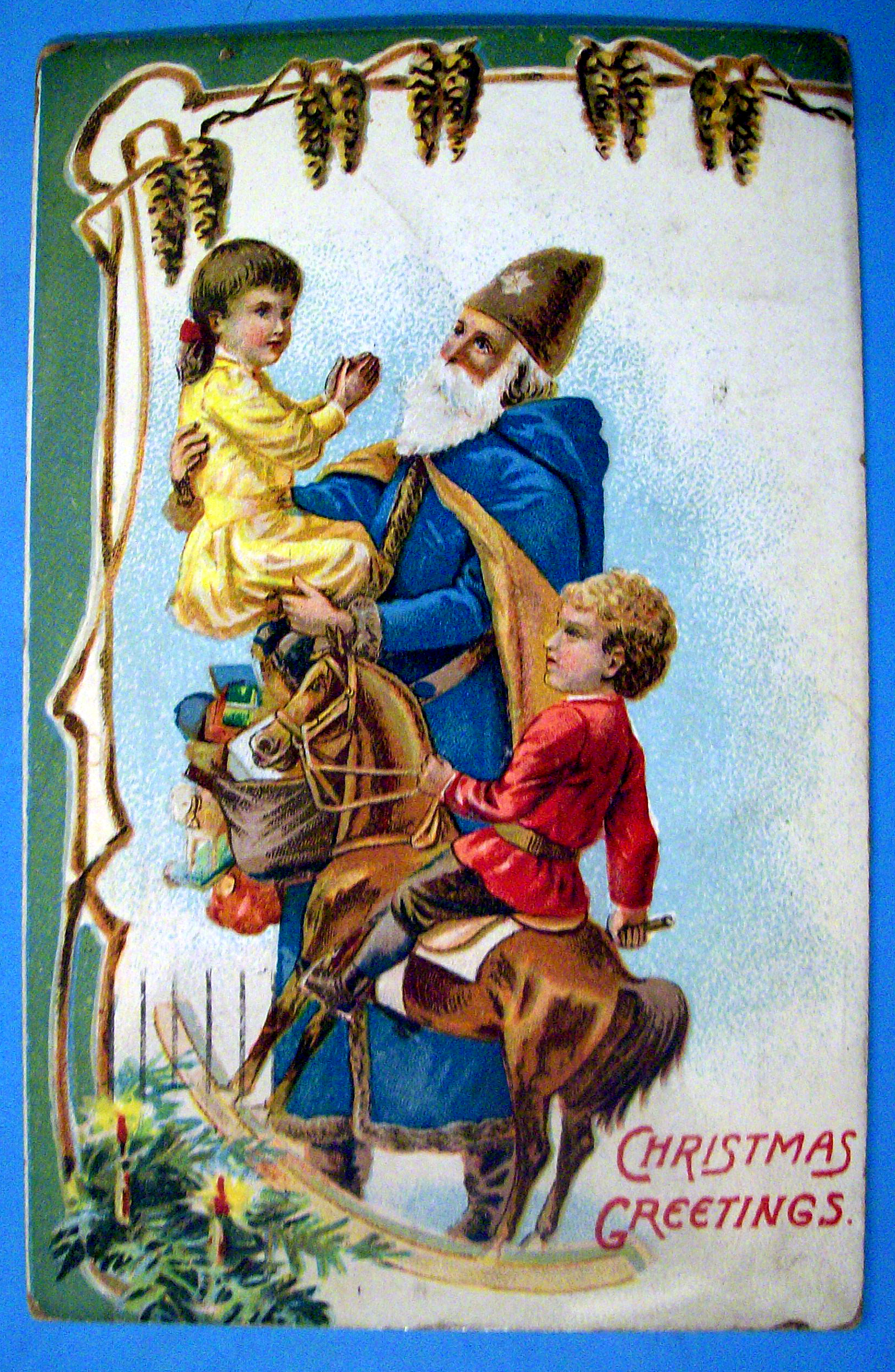 Christmas Greetings Postcard w/Santa & Kids on Horse