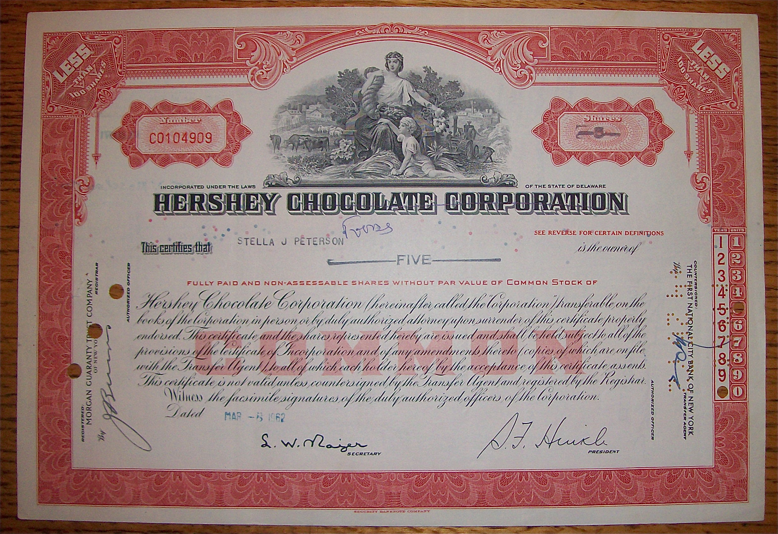 1962 Hershey Chocolate Corp Stock Certificate