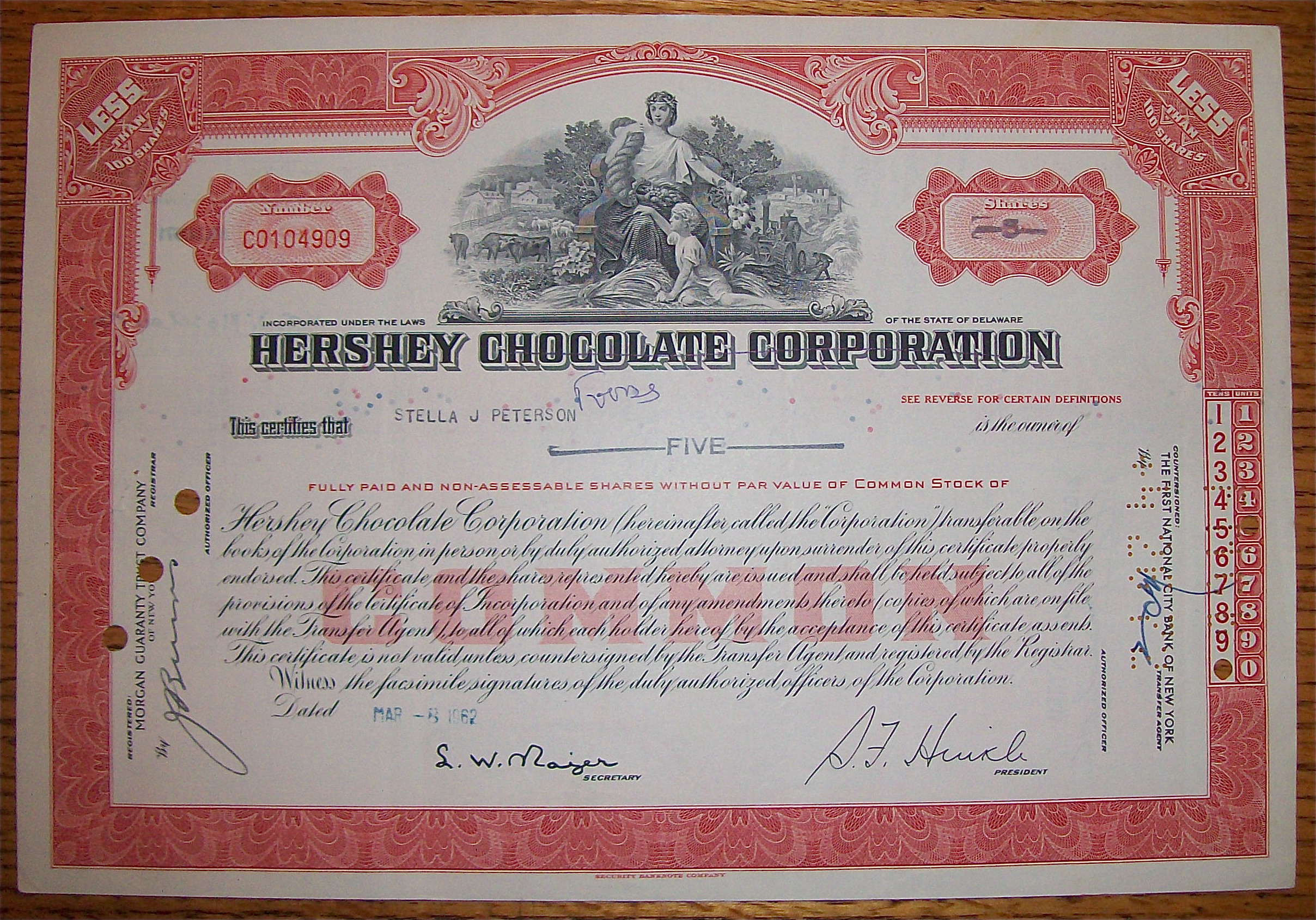 1962 Hershey Chocolate Corp Stock Certificate