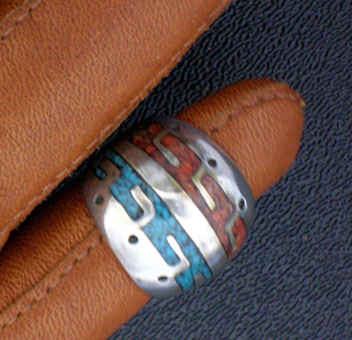 Native American Sterling Silver Chip Inlay Coral Turquo