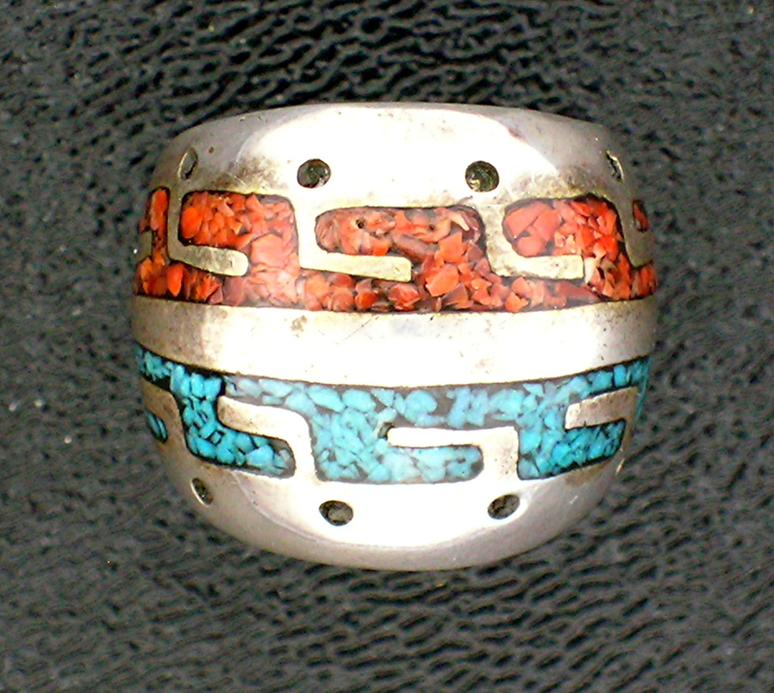 Native American Sterling Silver Chip Inlay Coral Turquo