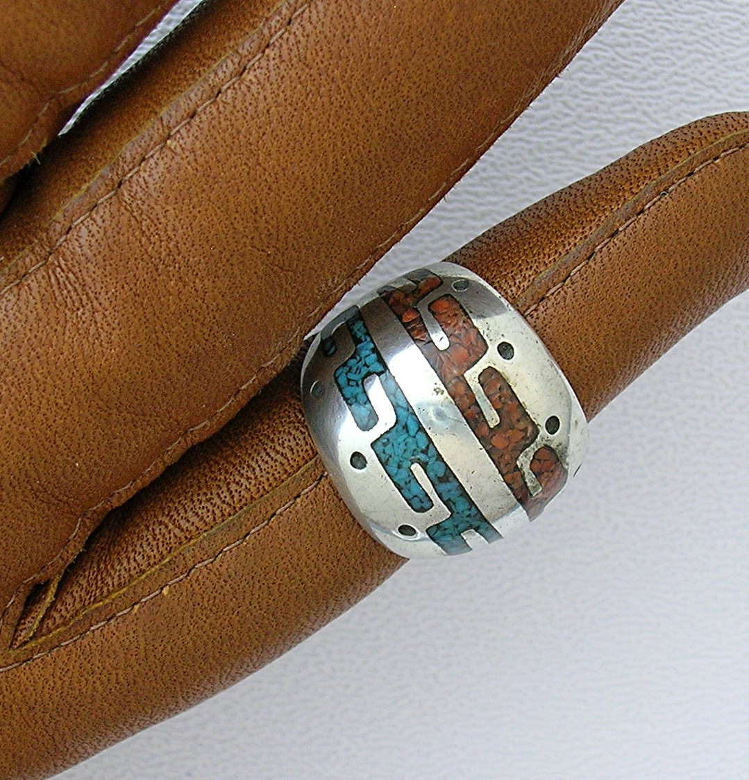 Native American Sterling Silver Chip Inlay Coral Turquo