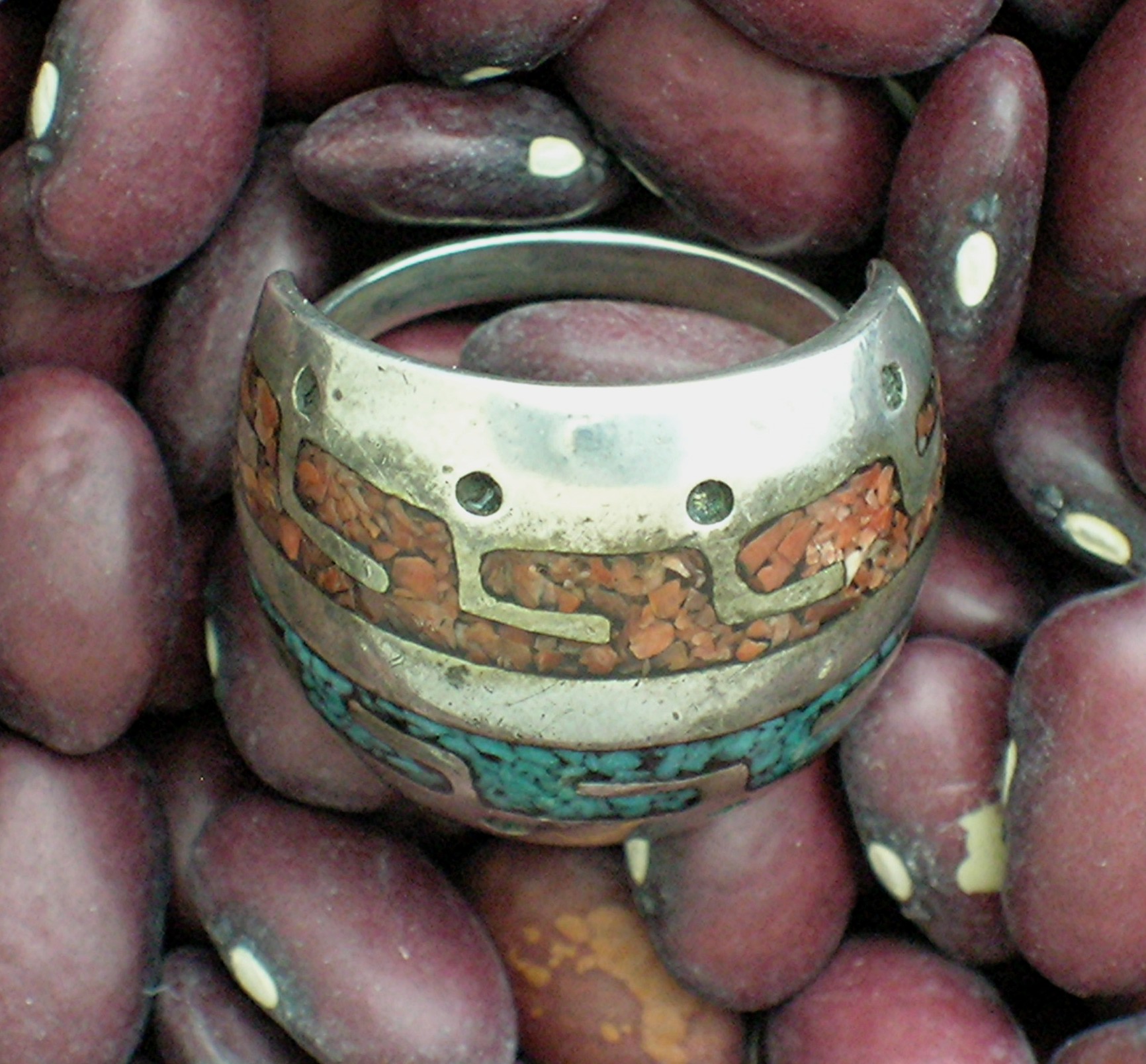 Native American Sterling Silver Chip Inlay Coral Turquo
