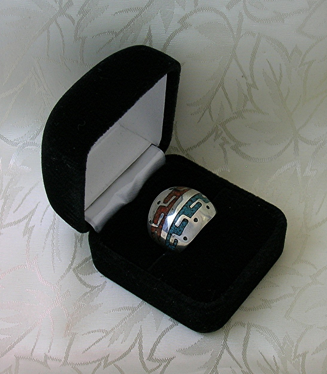 Native American Sterling Silver Chip Inlay Coral Turquo