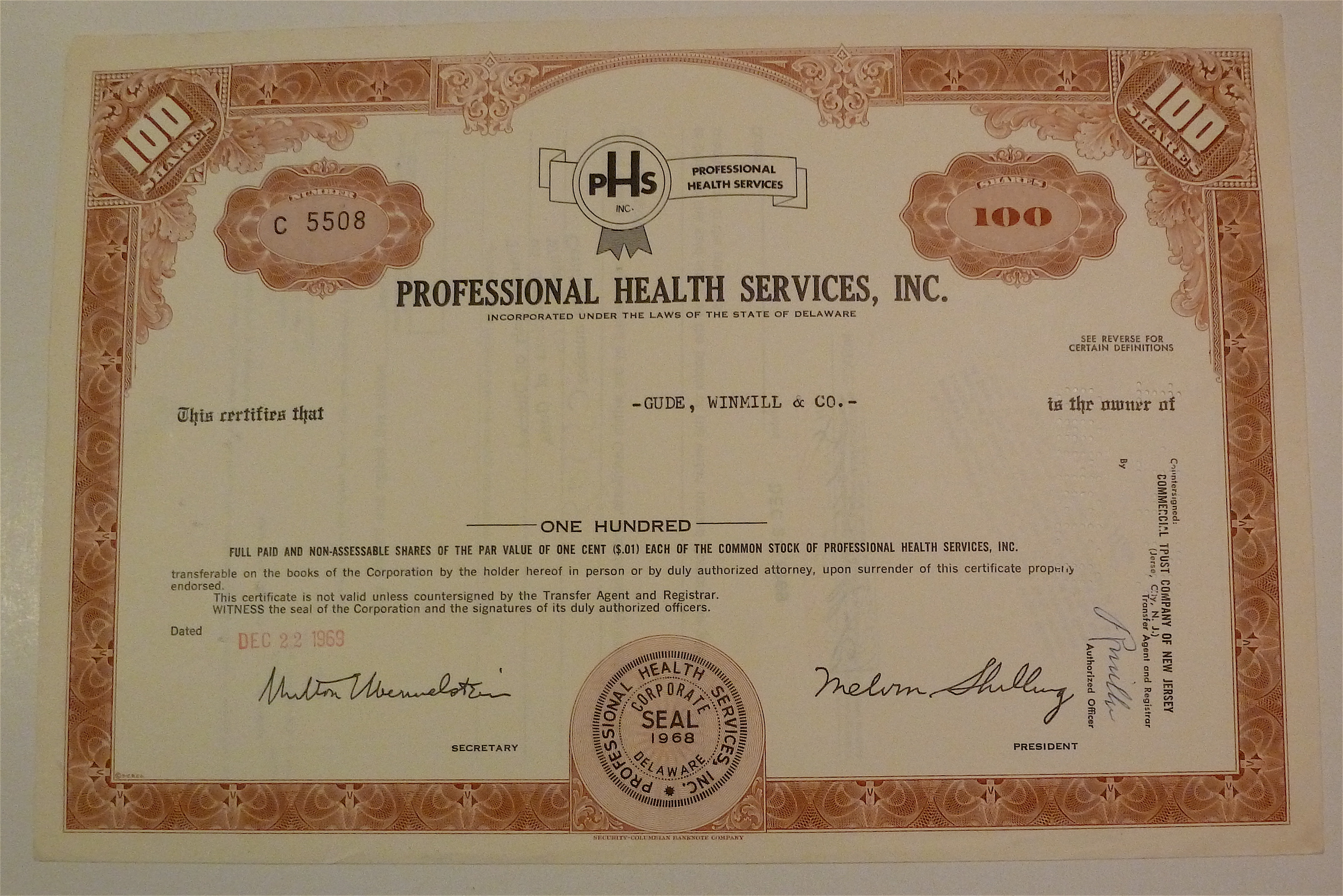 1969 Professional Health Services Stock Certificate