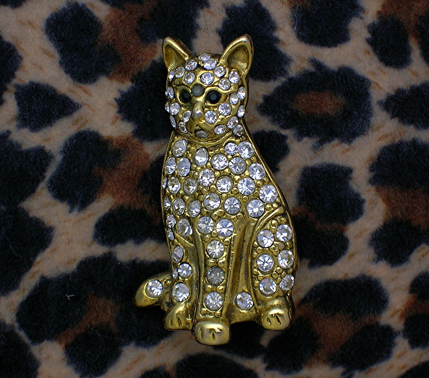Cat Pin Goldtone with Crystals Signed SFJ