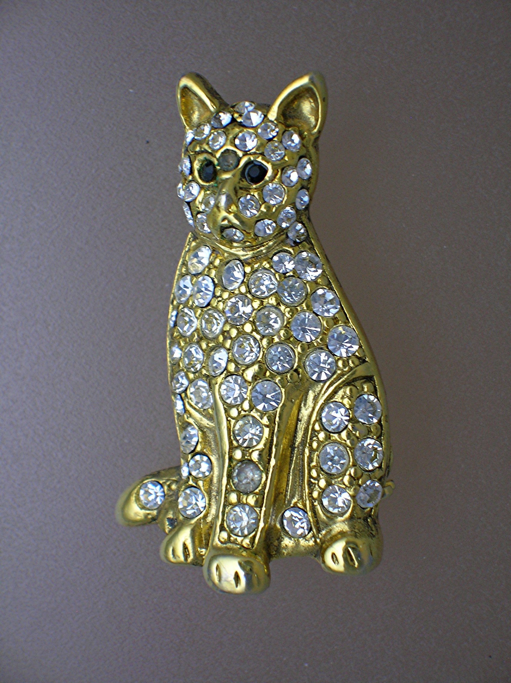 Cat Pin Goldtone with Crystals Signed SFJ