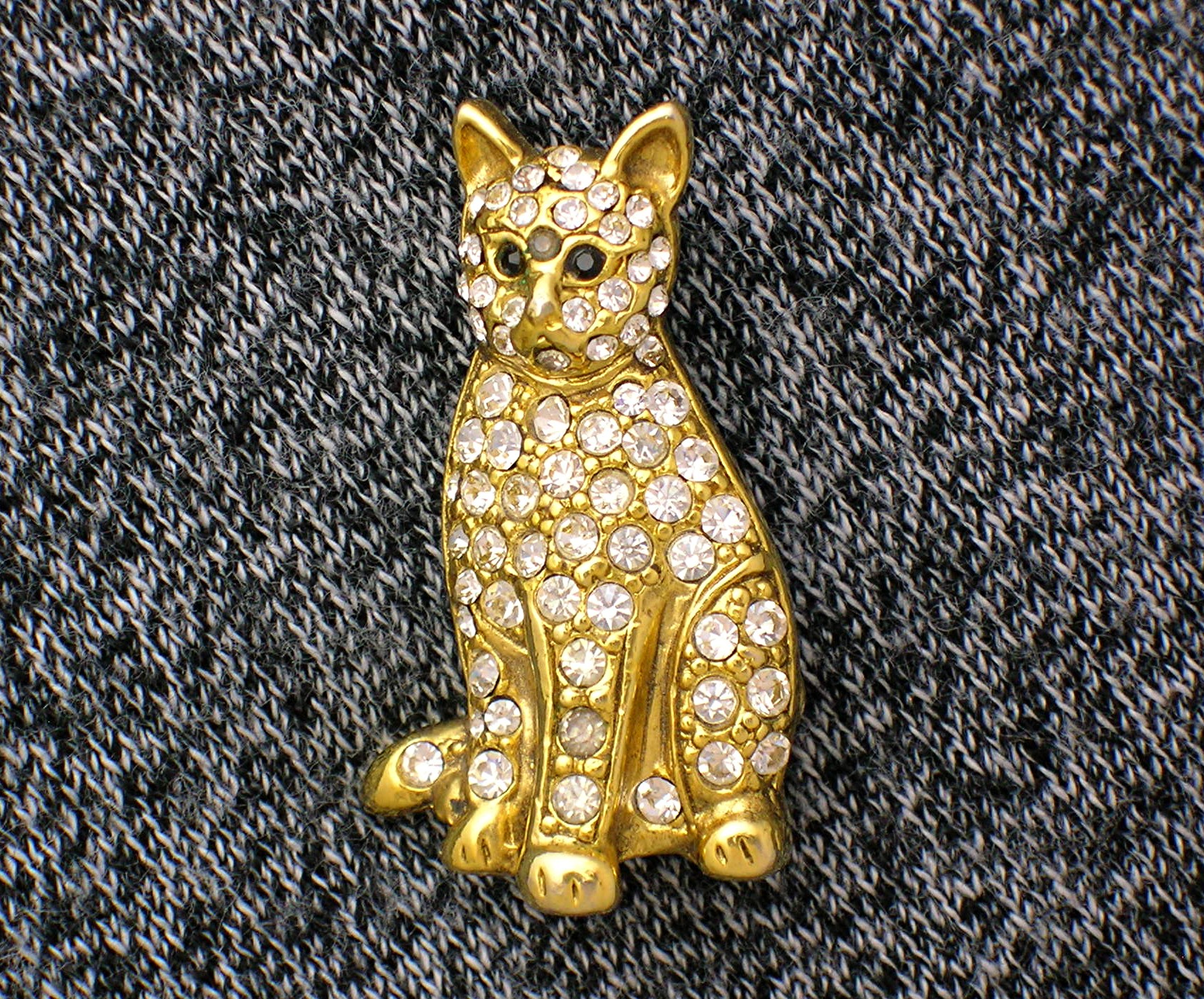 Cat Pin Goldtone with Crystals Signed SFJ