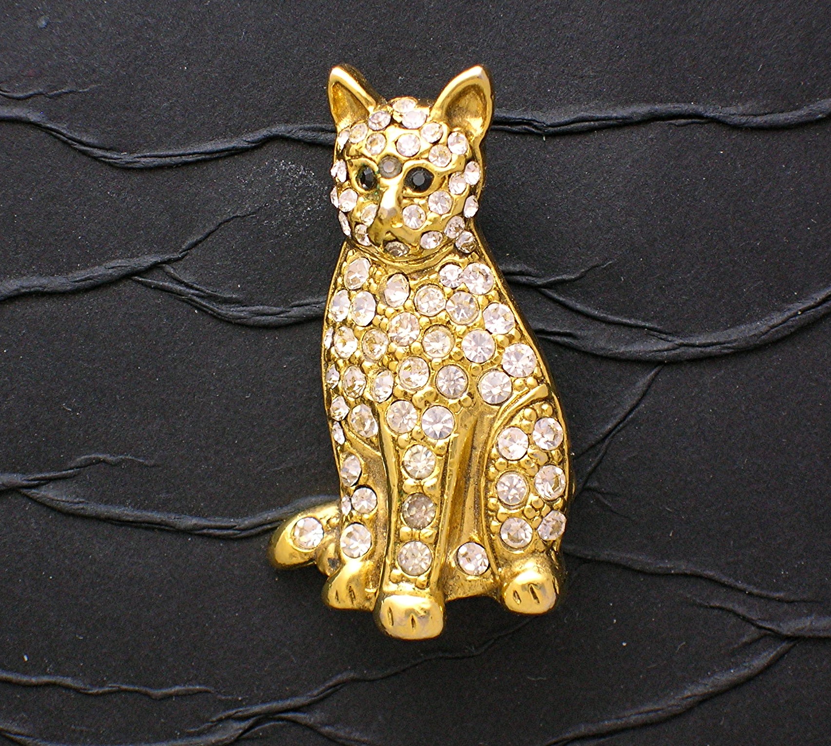 Cat Pin Goldtone with Crystals Signed SFJ