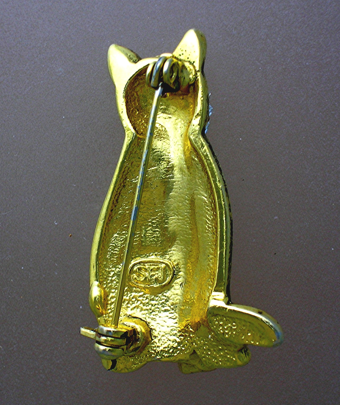Cat Pin Goldtone with Crystals Signed SFJ
