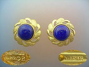 Napier clip earrings faux lapis and gold tone