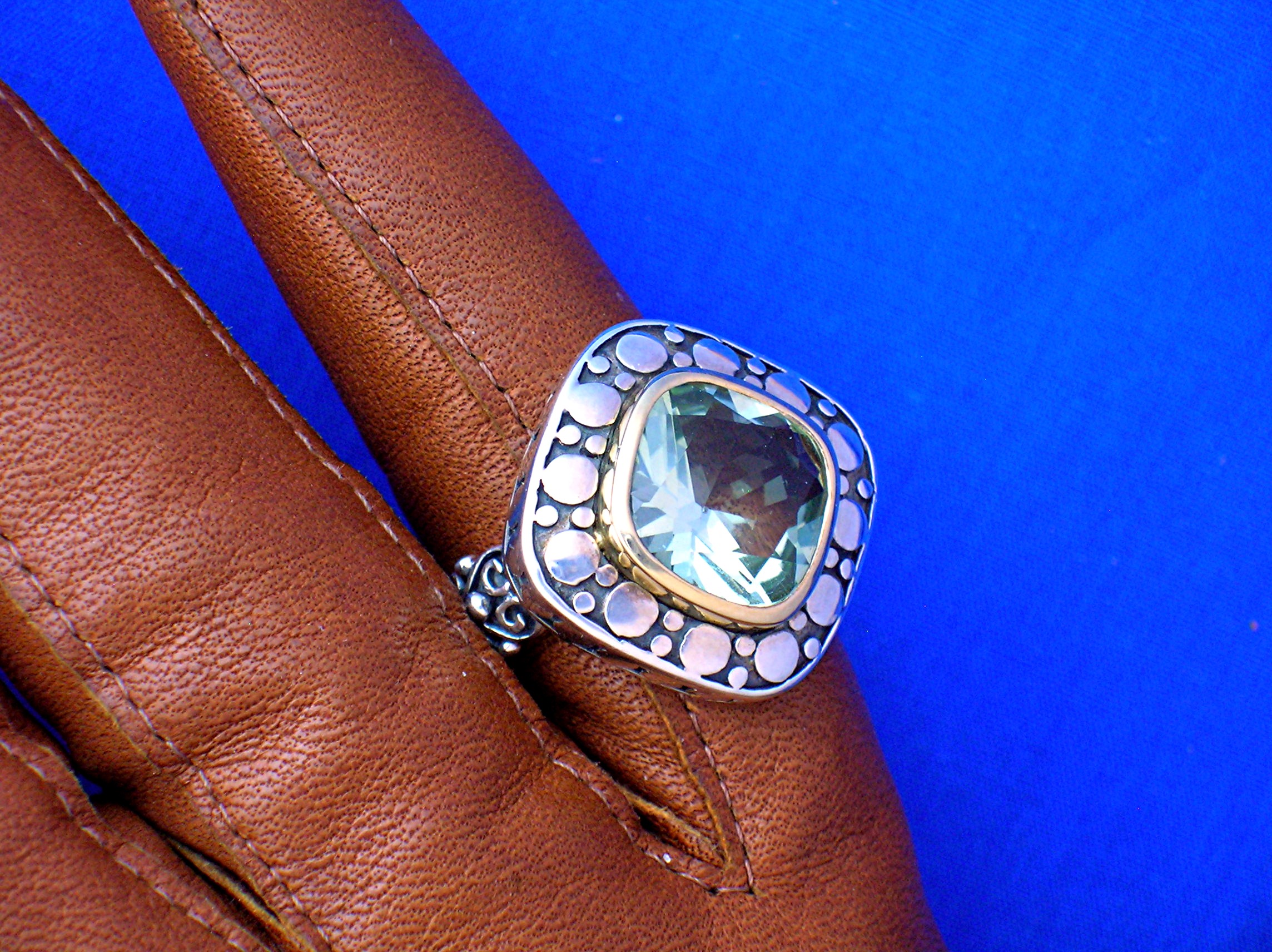 14K Gold  Green Amethyst Sterling Silver Ring