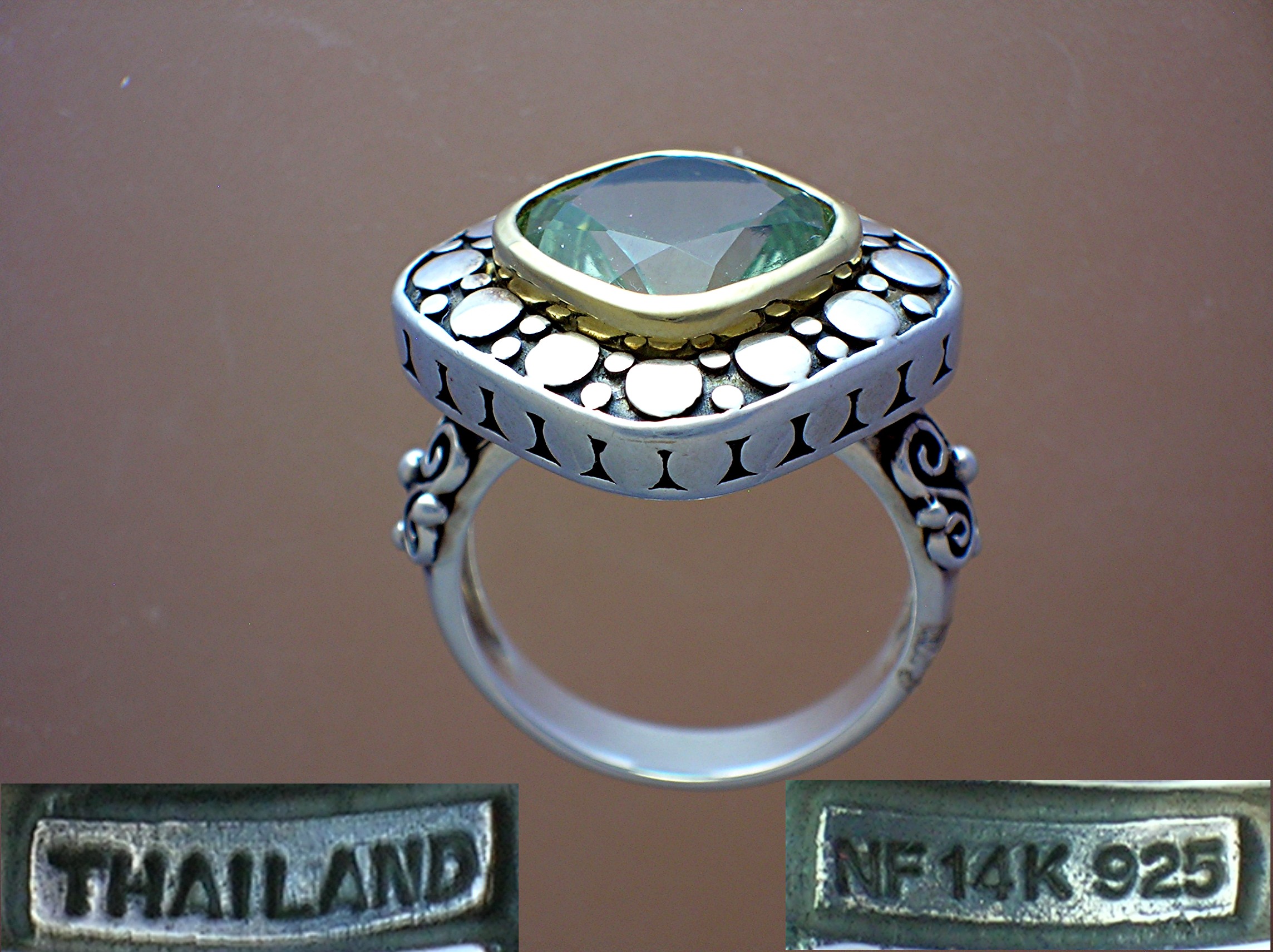 14K Gold  Green Amethyst Sterling Silver Ring