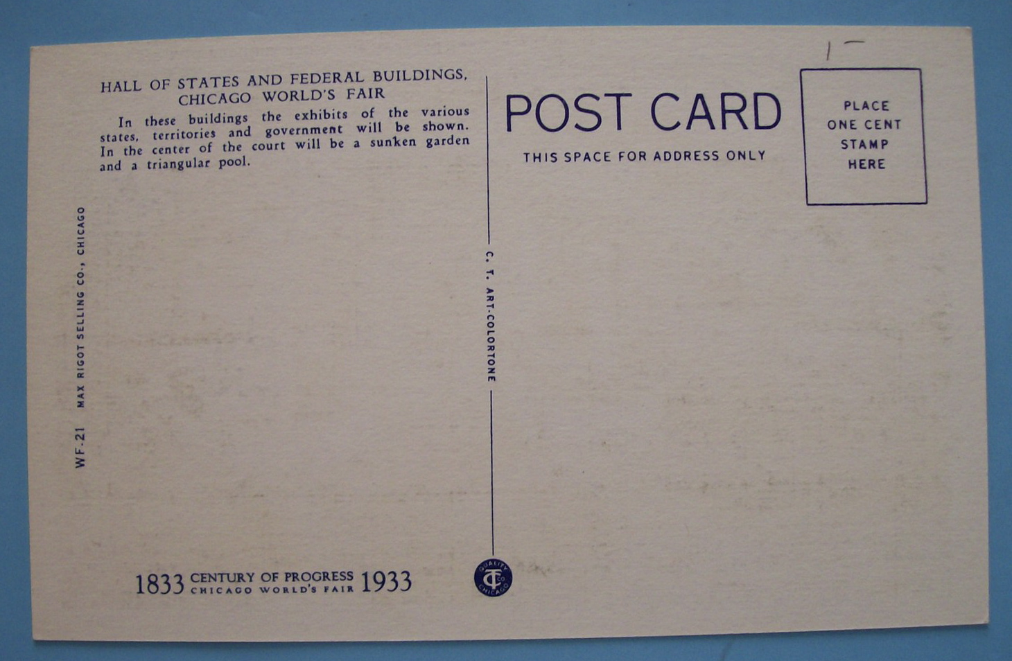 1933 Century Of Progress Hall Of States Postcard