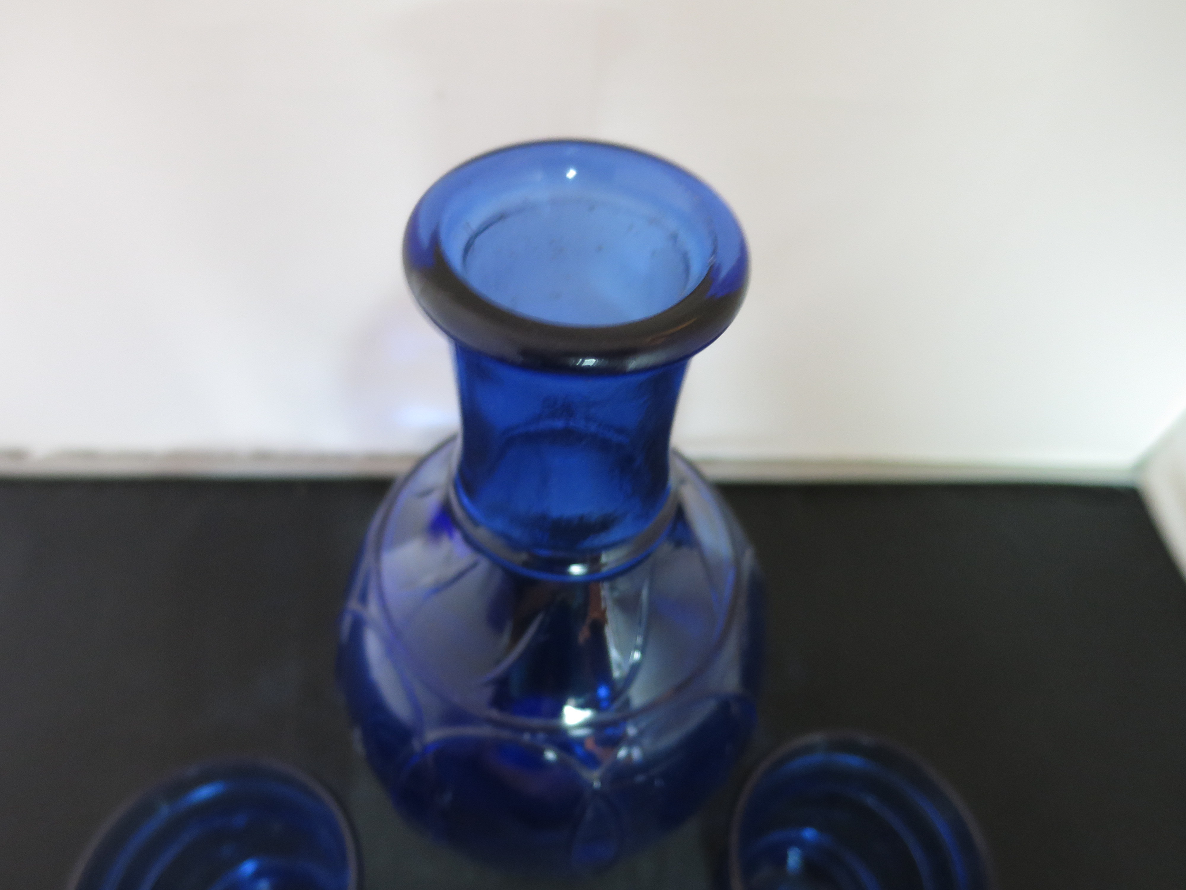 Vintage Cobalt Blue Juice Carafe Bottle and 2 juice glasses 3pc