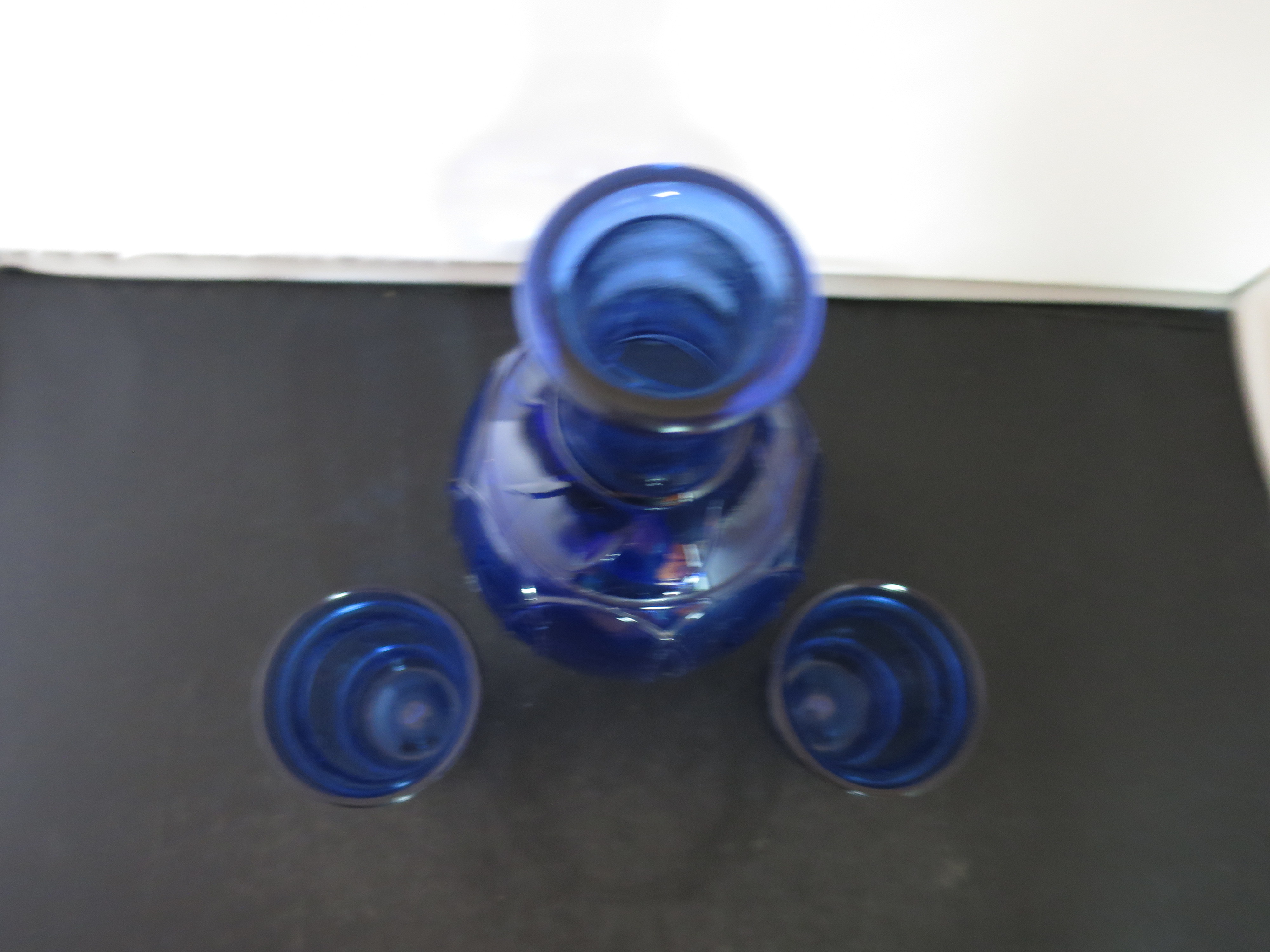 Vintage Cobalt Blue Juice Carafe Bottle and 2 juice glasses 3pc