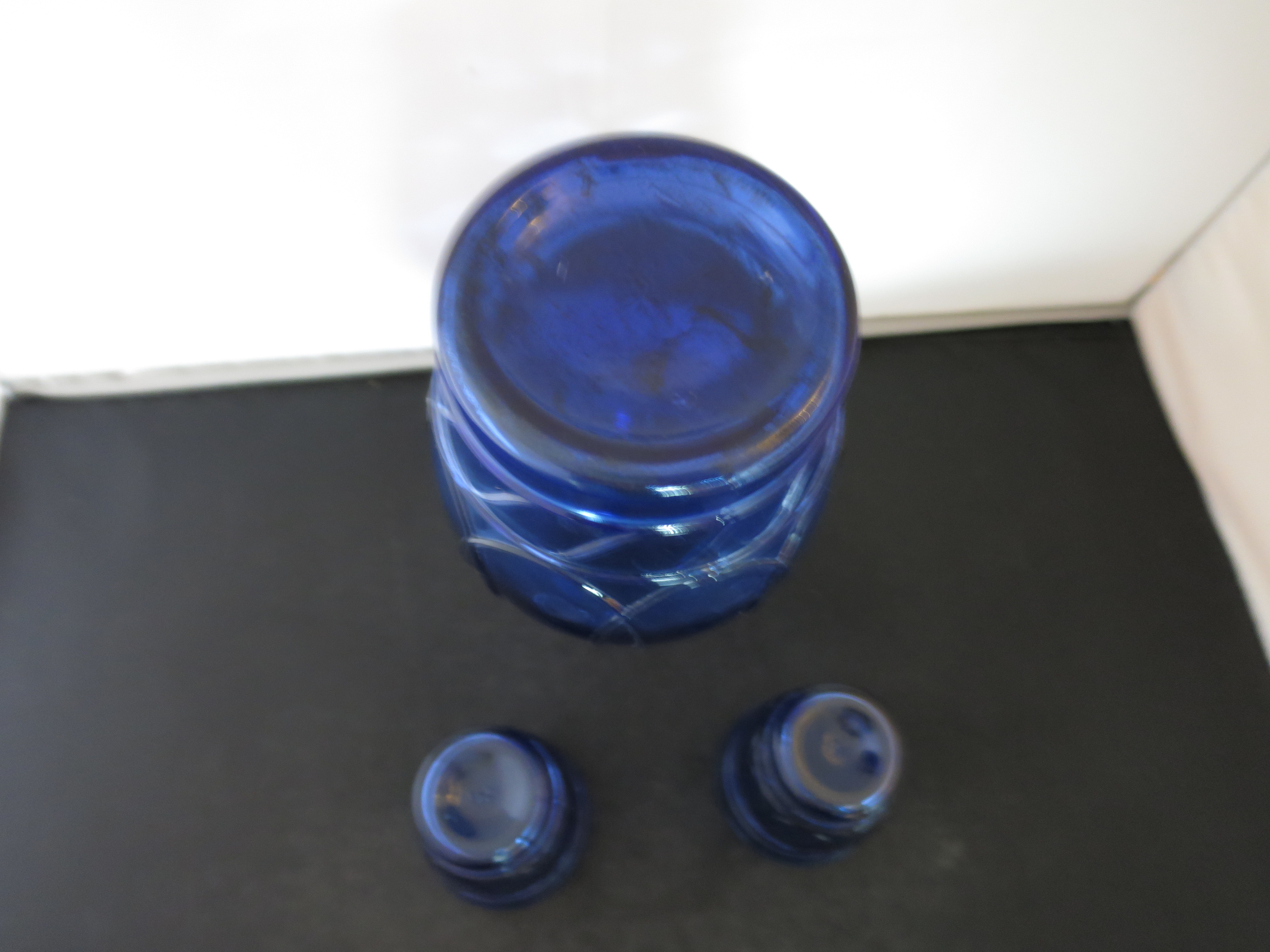 Vintage Cobalt Blue Juice Carafe Bottle and 2 juice glasses 3pc