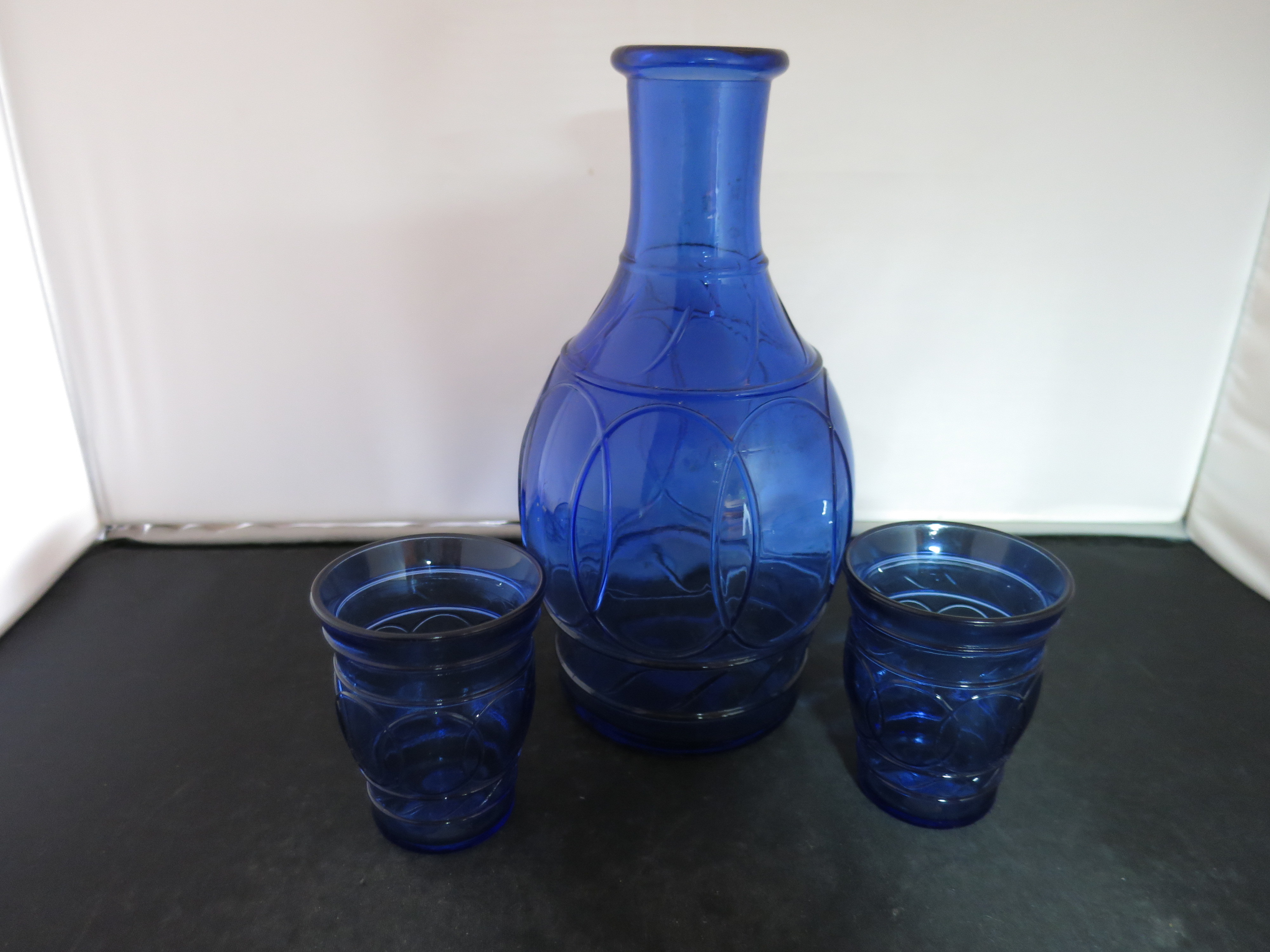 Vintage Cobalt Blue Juice Carafe Bottle and 2 juice glasses 3pc