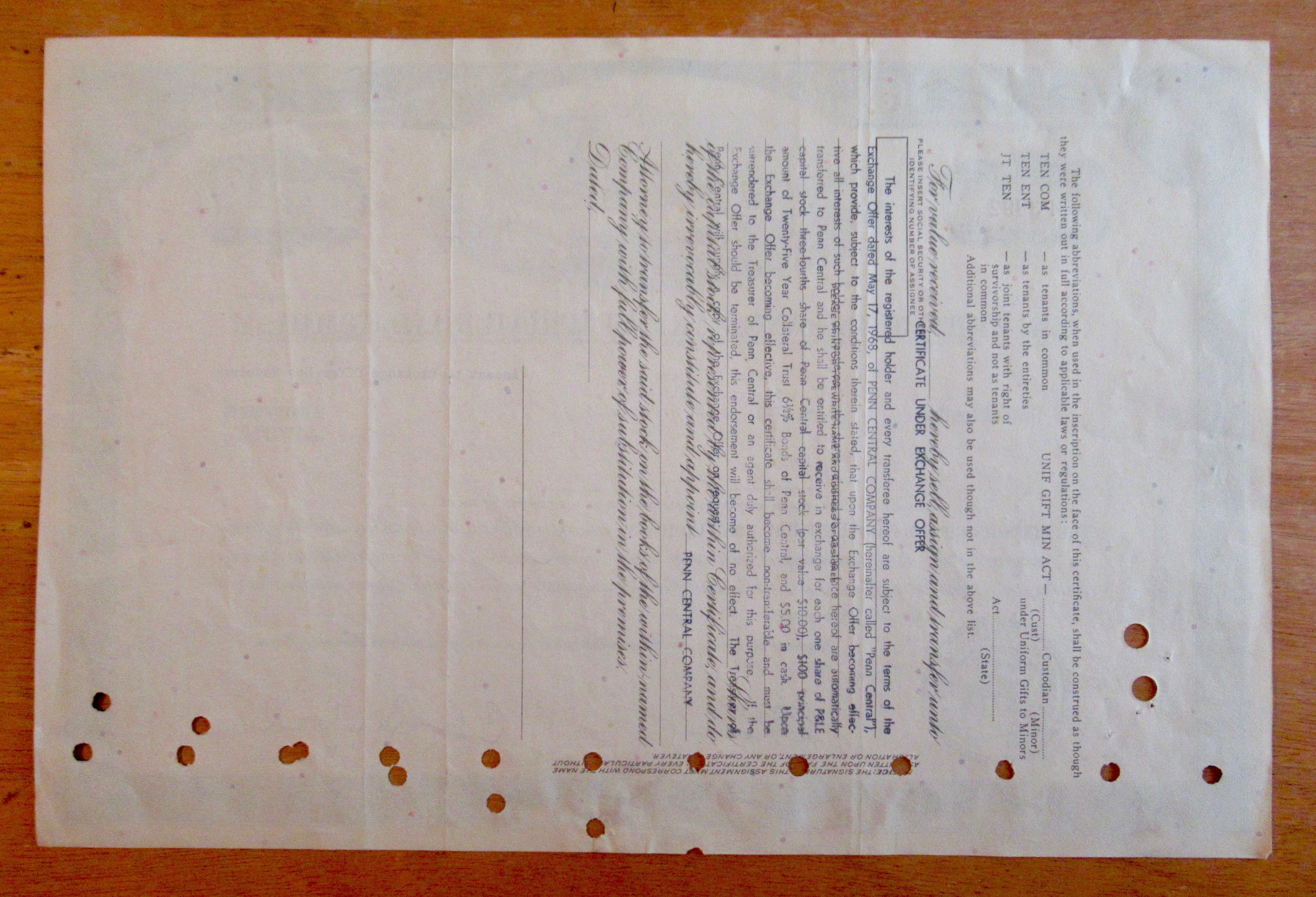 1965 Pittsburgh & Lake Eire Railroad Stock Certificate