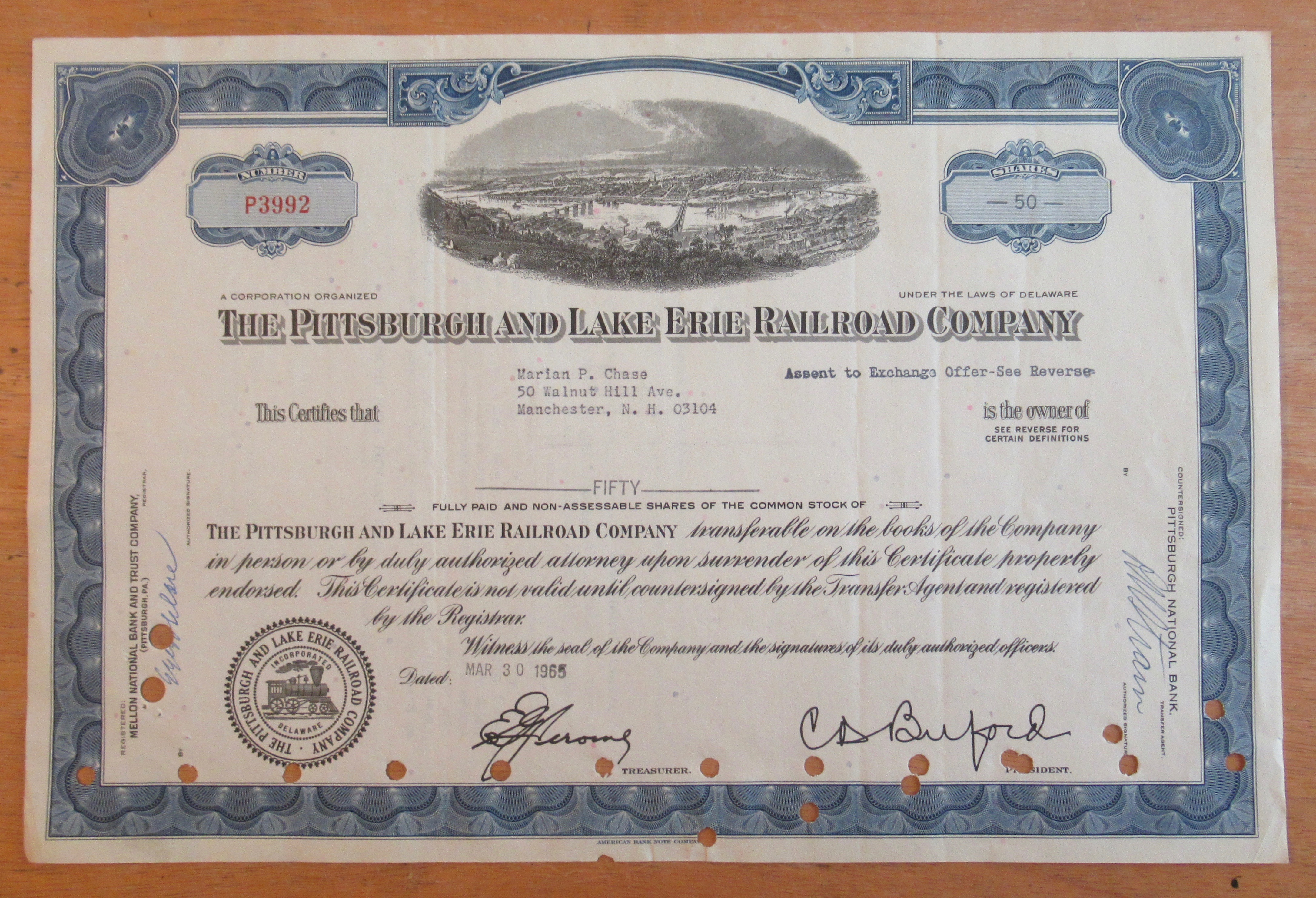 1965 Pittsburgh & Lake Eire Railroad Stock Certificate
