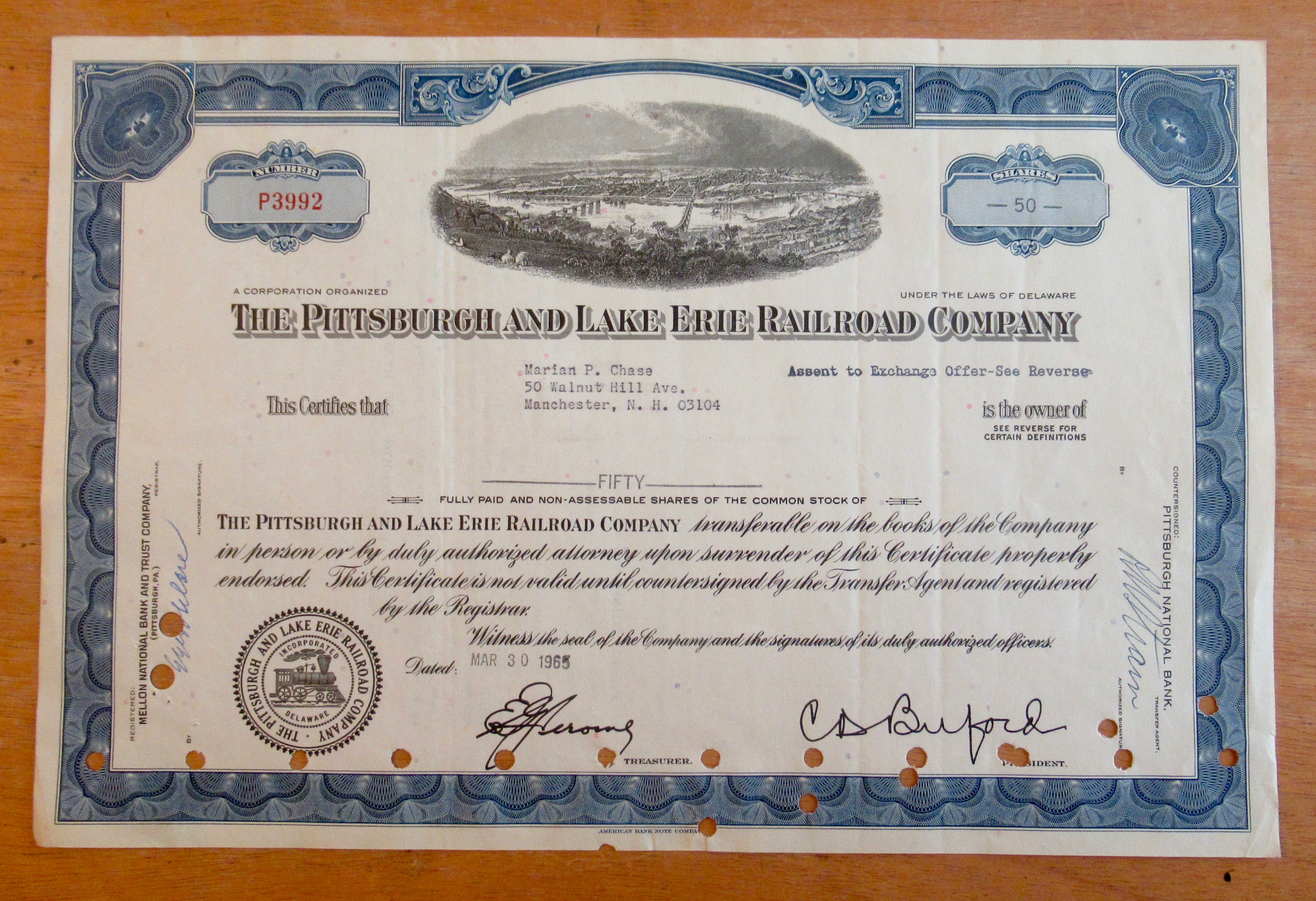 1965 Pittsburgh & Lake Eire Railroad Stock Certificate