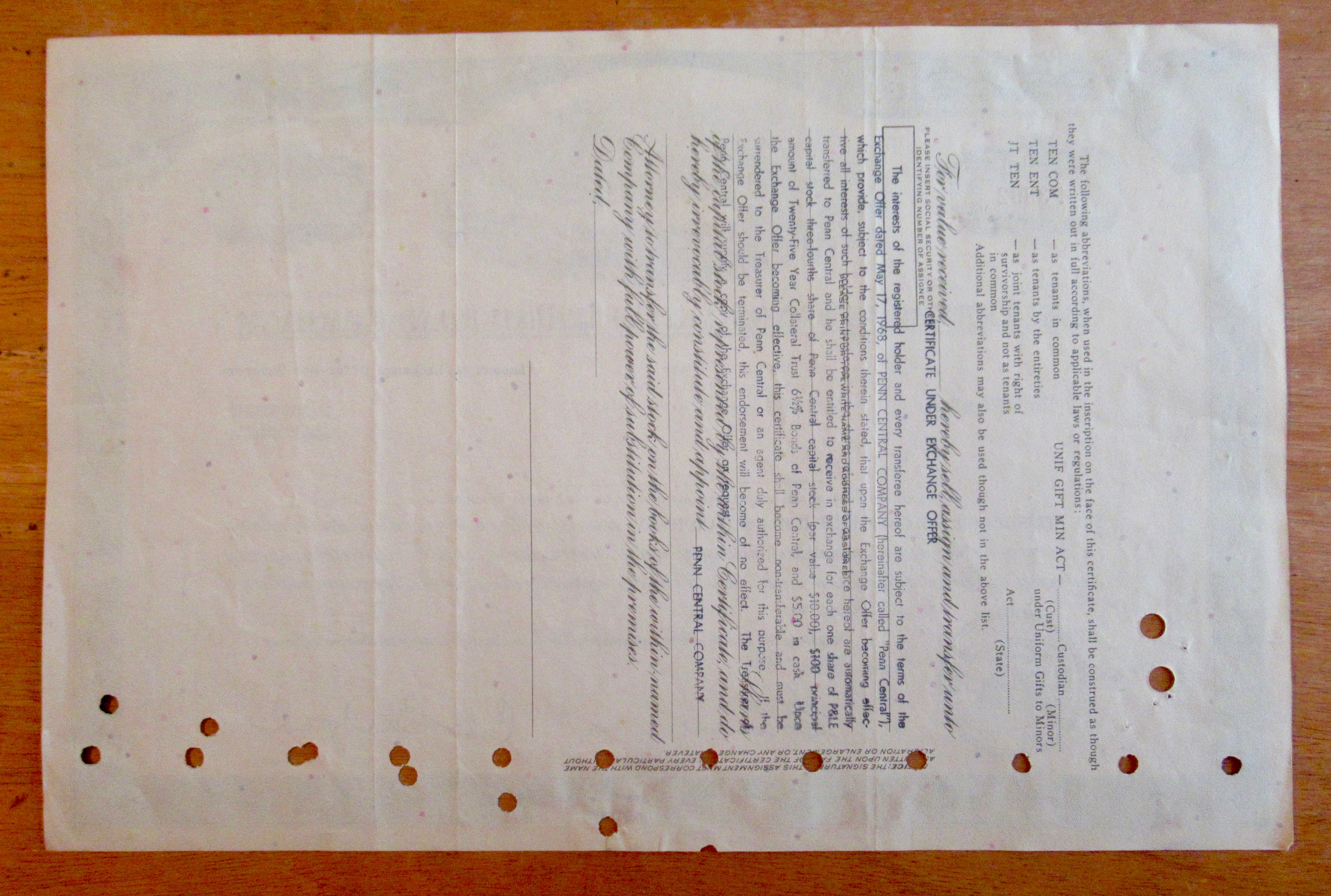 1965 Pittsburgh & Lake Eire Railroad Stock Certificate