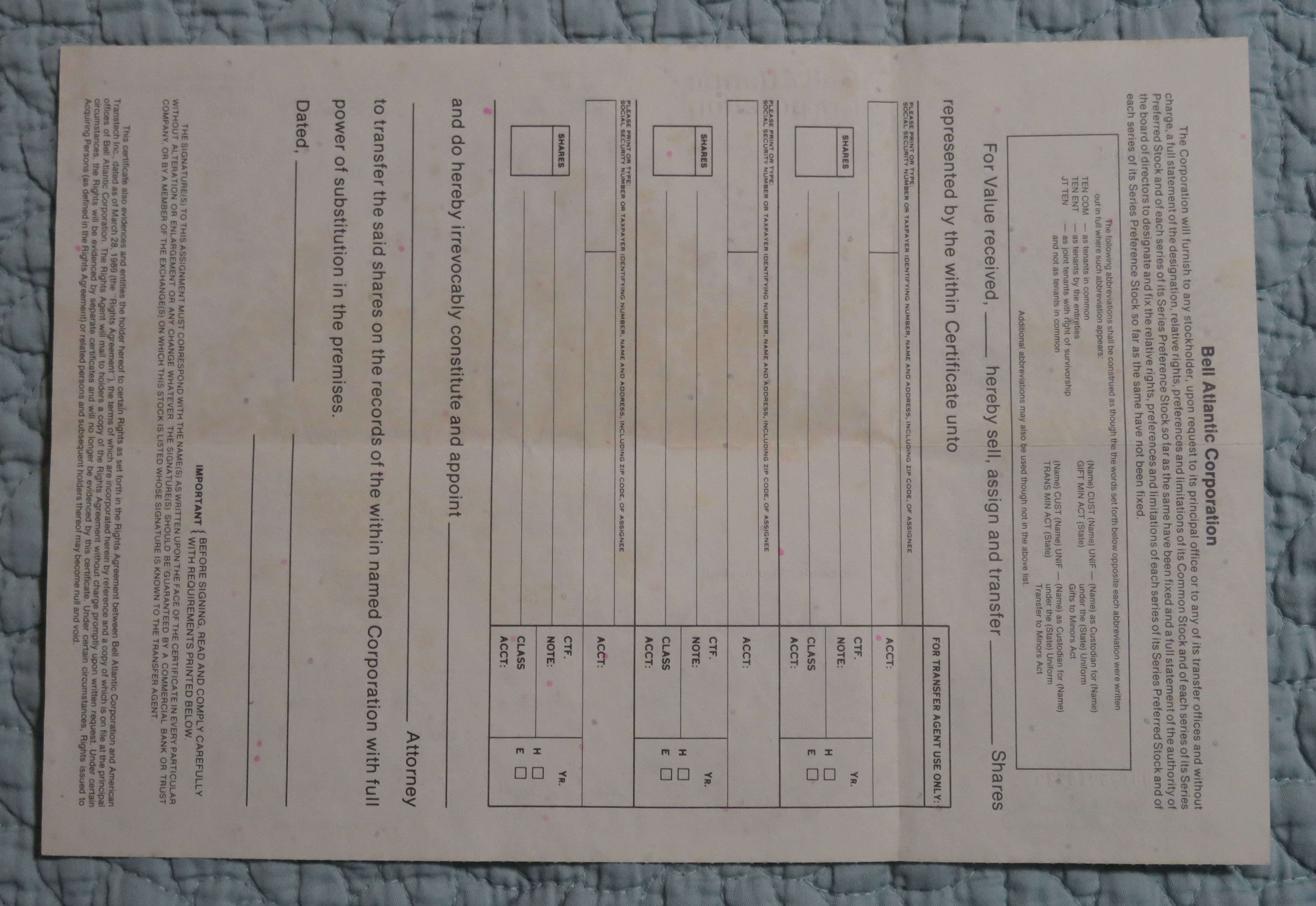1990 Bell Atlantic Corporation Stock Certificate