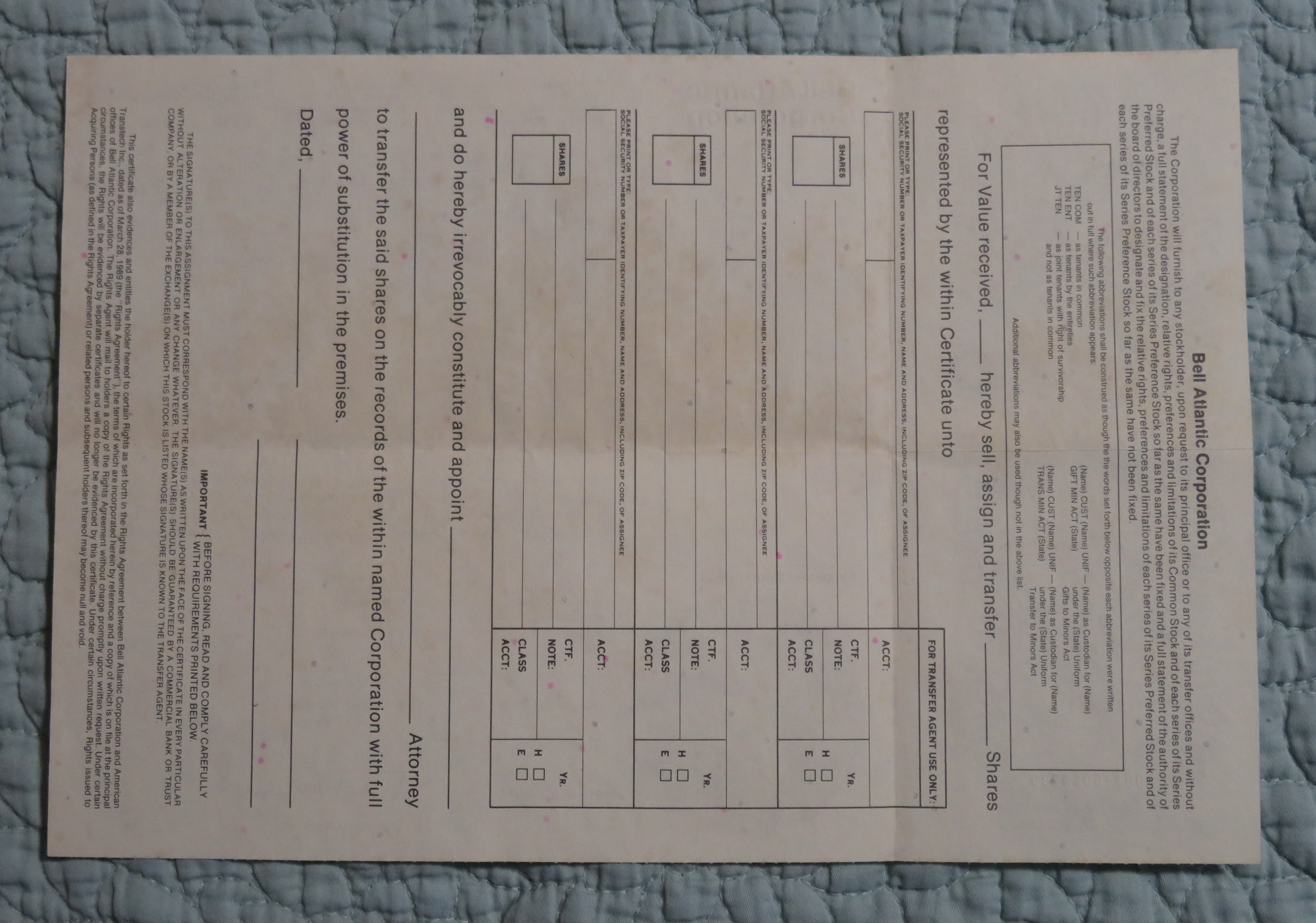 1990 Bell Atlantic Corporation Stock Certificate